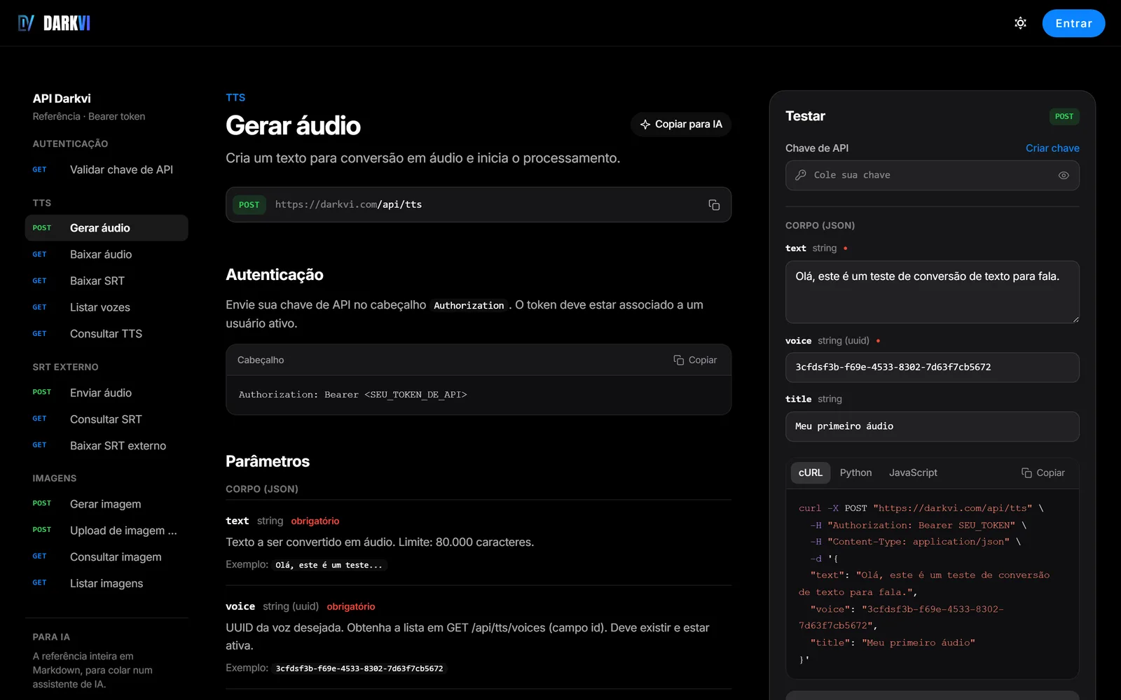 Documentação da API do Darkvi na página Gerar áudio: endpoint POST https://darkvi.com/api/tts, cabeçalho de autenticação, parâmetros text e voice e o painel Testar com o comando cURL