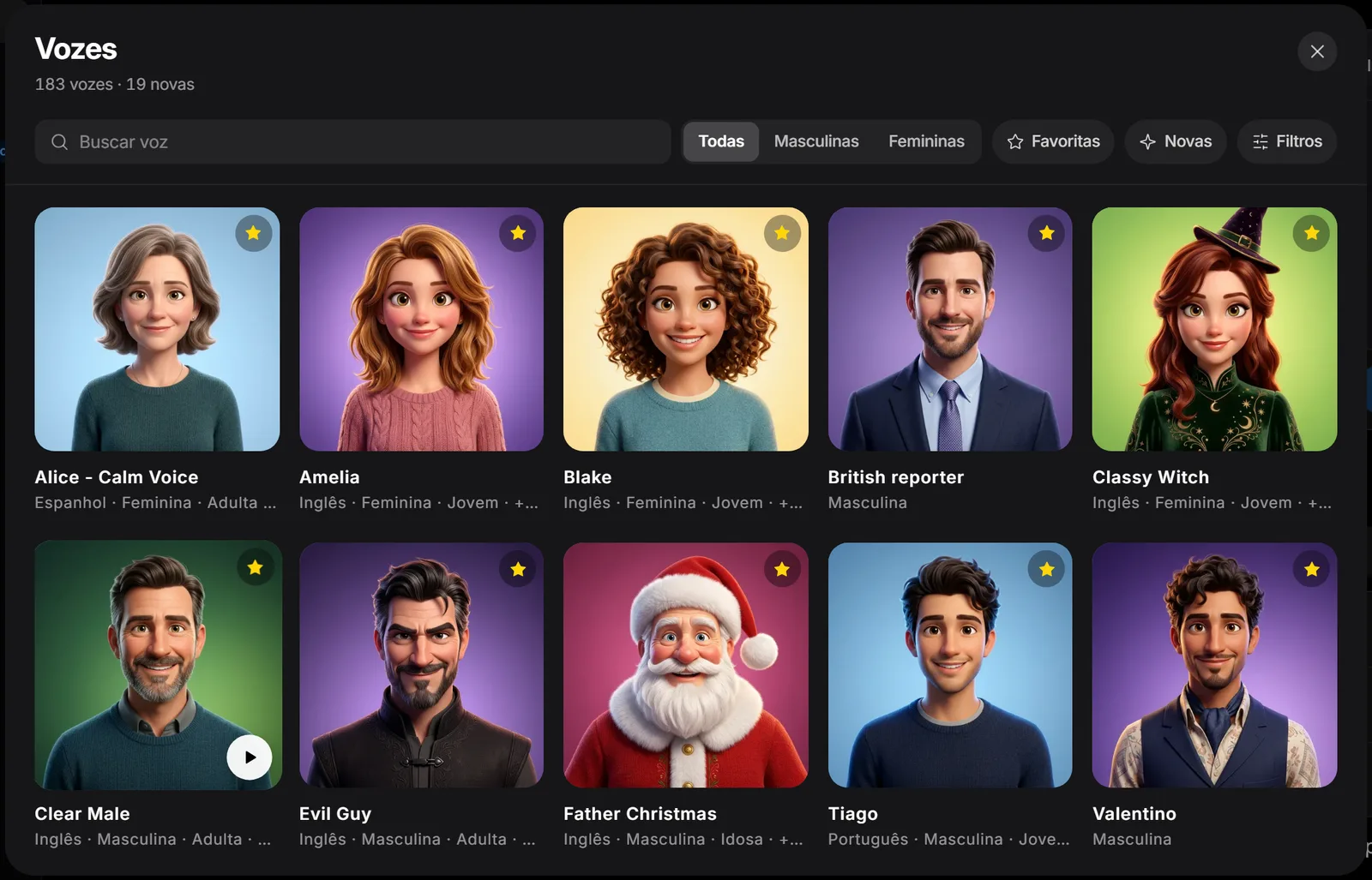 Janela Vozes do Darkvi com busca, filtros Todas, Masculinas, Femininas, Favoritas e Novas, e uma grade de vozes com avatar, nome, idioma e gênero