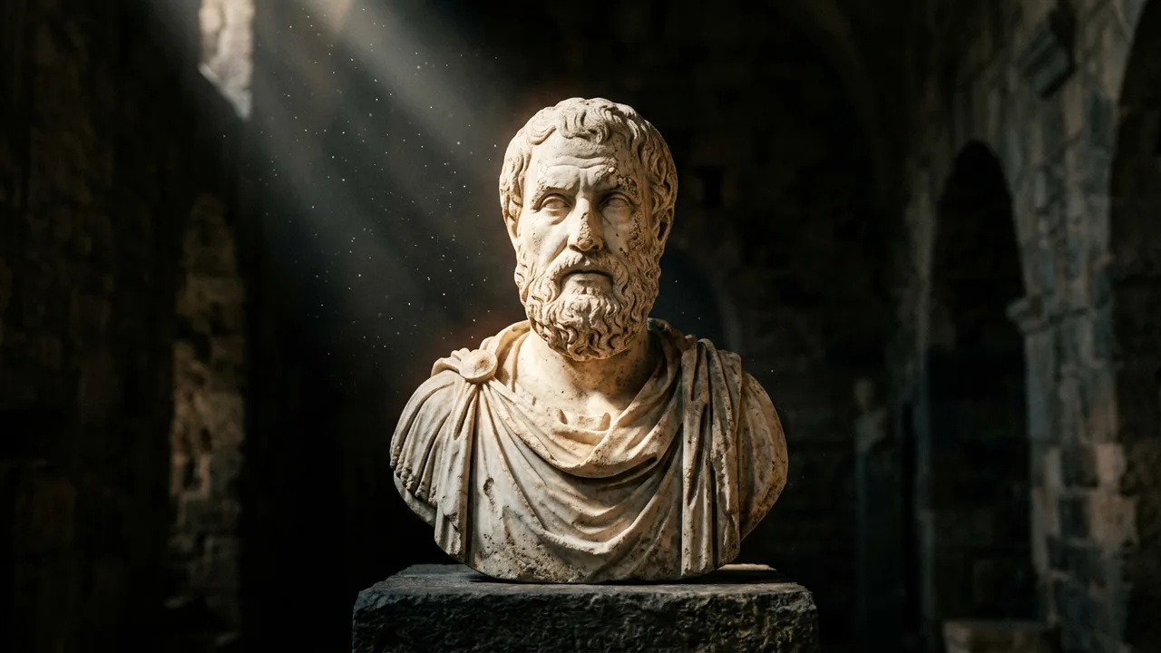 Busto de mármore de um filósofo barbado iluminado por um feixe de luz num salão de pedra escuro