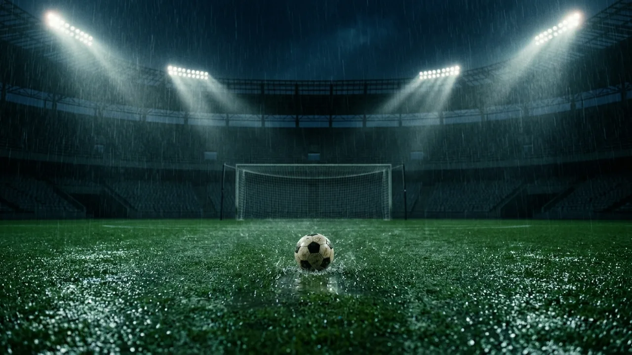Bola de futebol no gramado molhado de um estádio vazio à noite, sob chuva forte e refletores, com o gol ao fundo